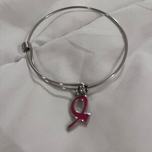 Silver Bangle Bracelet with Pink Ribbon Charm